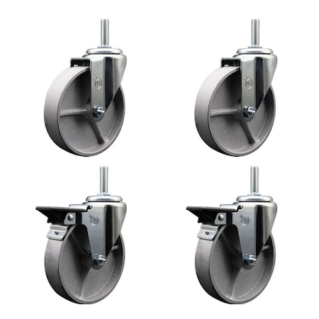 Service Caster 5 Inch Semi Steel Wheel Swivel 58 Inch Threaded Stem Caster Set 2 Brakes SCC SCC-TS20S515-SSR-58212-2-PLB-2